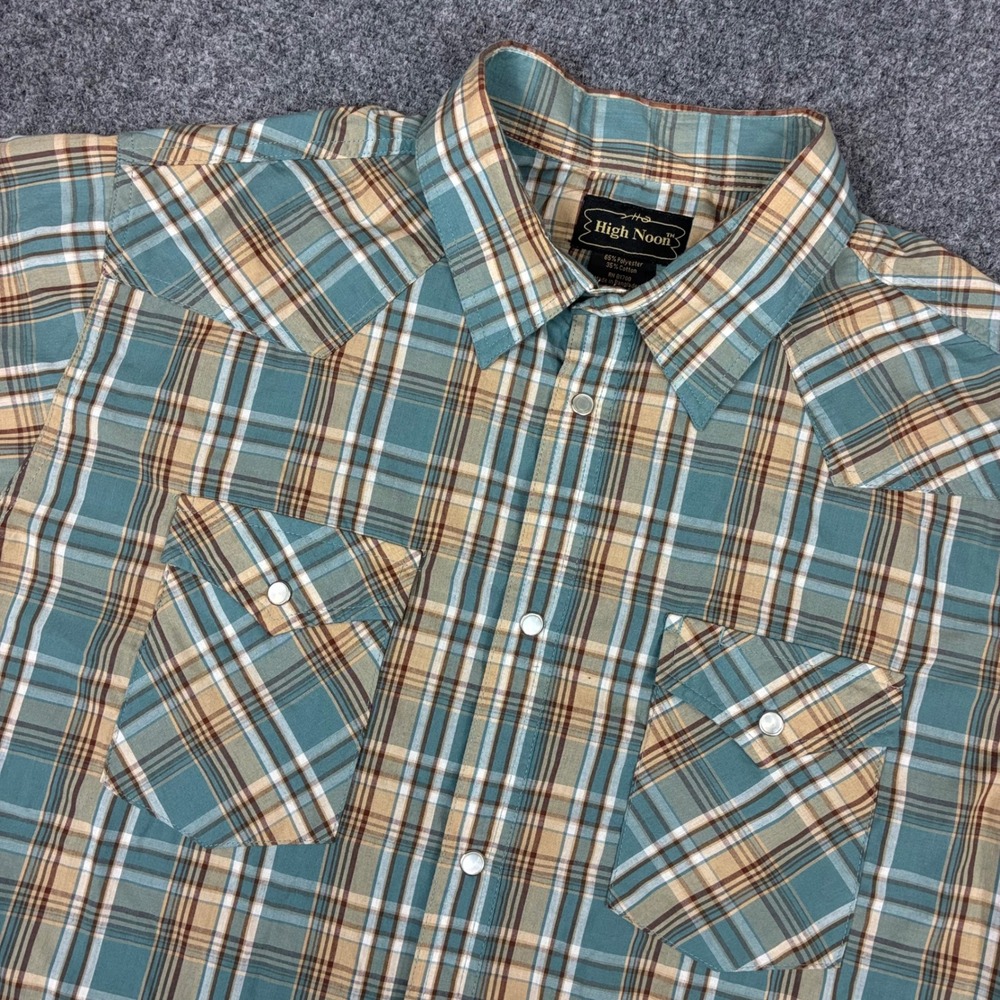 Vintage High Noon Mens Teal Plaid Short Sleeve Western Pearl Snap Shirt Large
